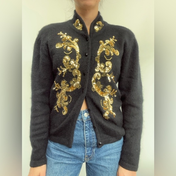 Vintage Karen Scott Black Silk Wool Sequin Beaded Knit Cardigan Sweater Size M - Picture 4 of 10